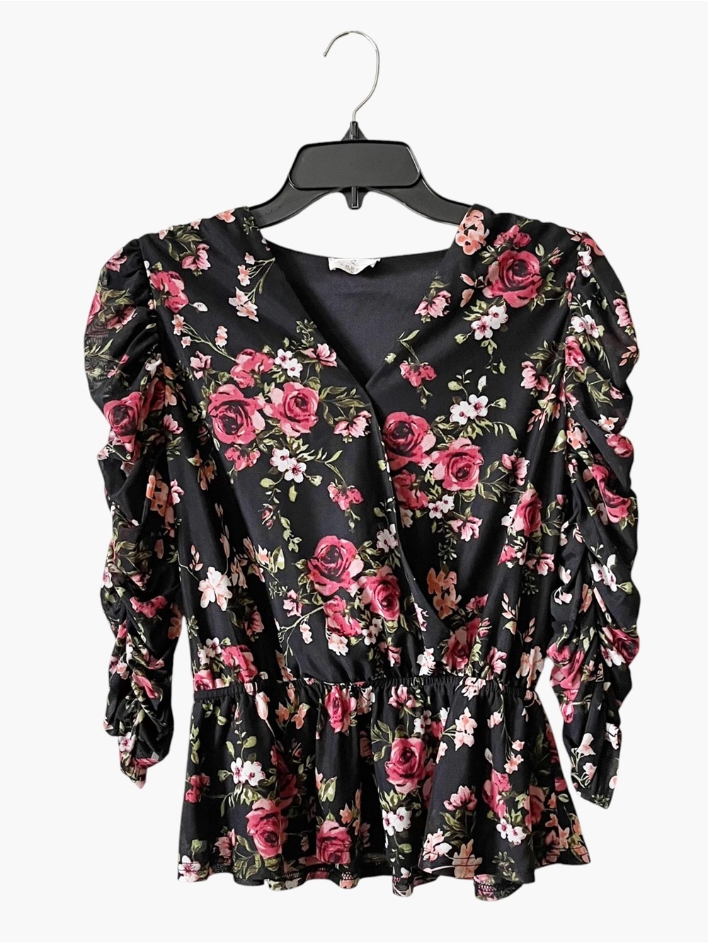 Ember Floral Peplum Wrap Top Women's Size M Black V-Neck Gathered Puff Sleeves